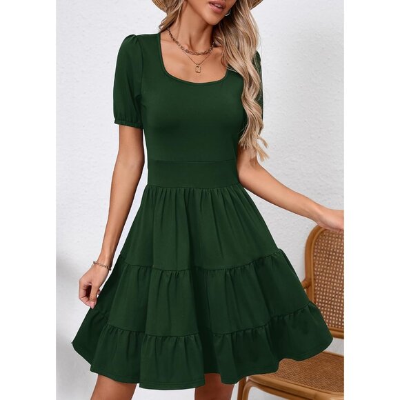 Women's Summer Dress Square Neck Formal Short Sleeve Business A-Line Midi Dress - Picture 4 of 5